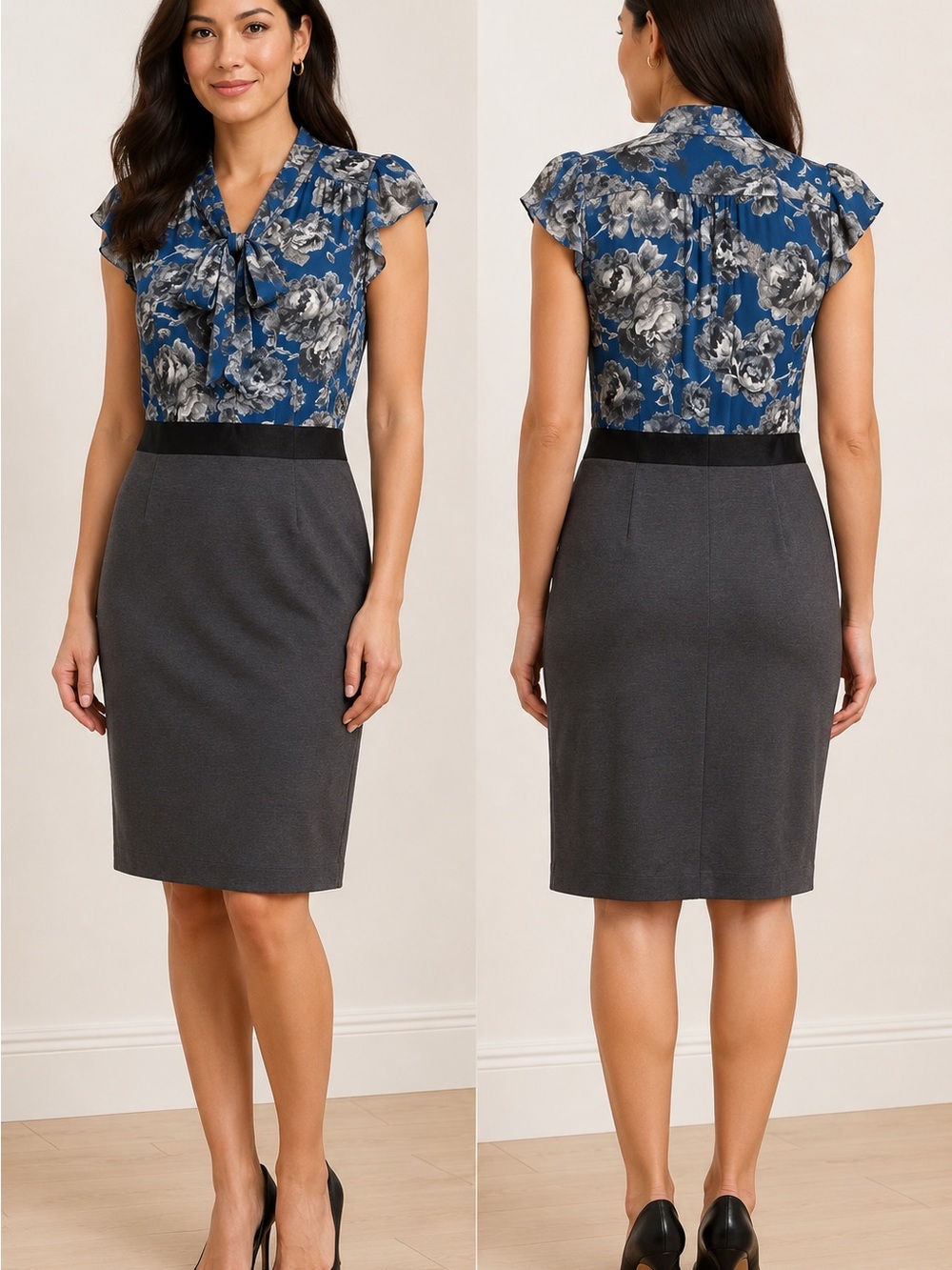 LOFT Petites Size 10P Floral Tie Neck
Sheath Dress Blue Gray
